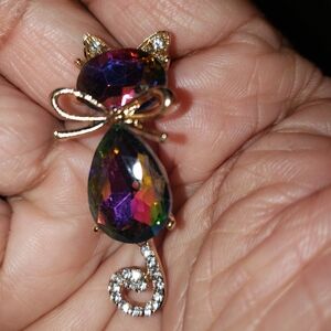 Colorful Cat Brooch with Gold Accents